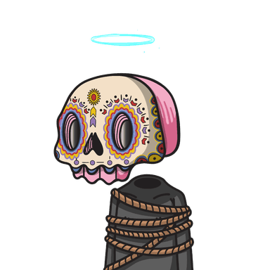 The Cazamuertos mascot — Los Muertos #4981, a haloed muerto already wrapped in wrangler's rope